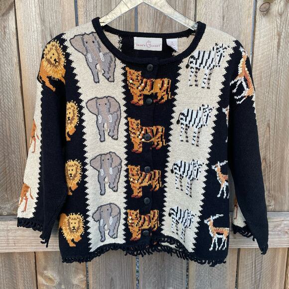 Vintage Jane's Closet Cardigan Animals Safari Retro Button Front Knit Size Small - Picture 3 of 11